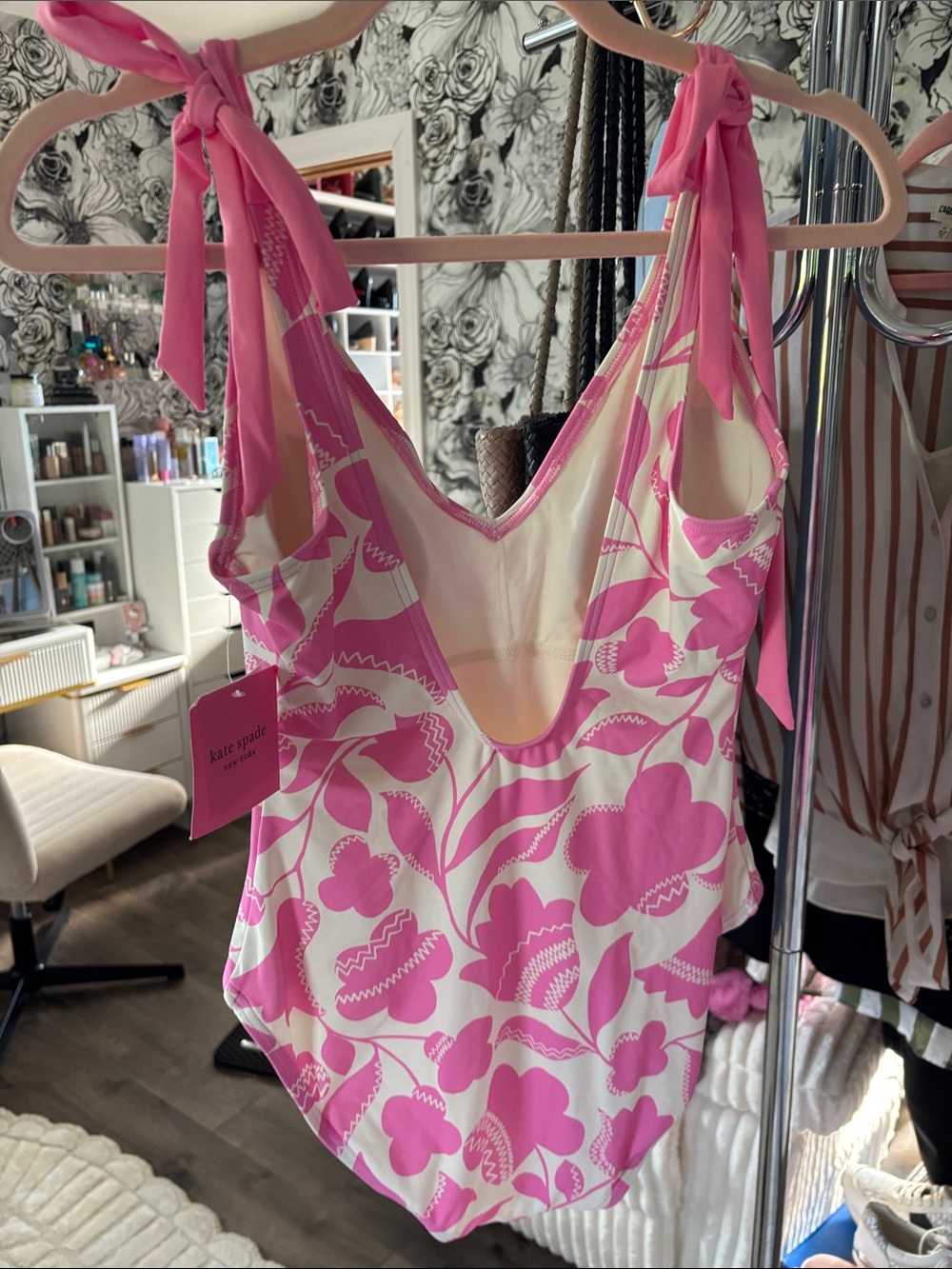 Kate Spade Pink and White Floral Tie-Shoulder One-Piece Bathing Suit - Picture 2 of 2